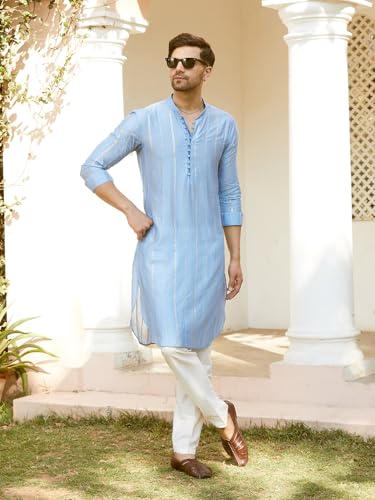Image of See Designs Men Full Sleeve Chanderi Silk Sequins Mandarin Collar Side Slit Kurta With Pyjama