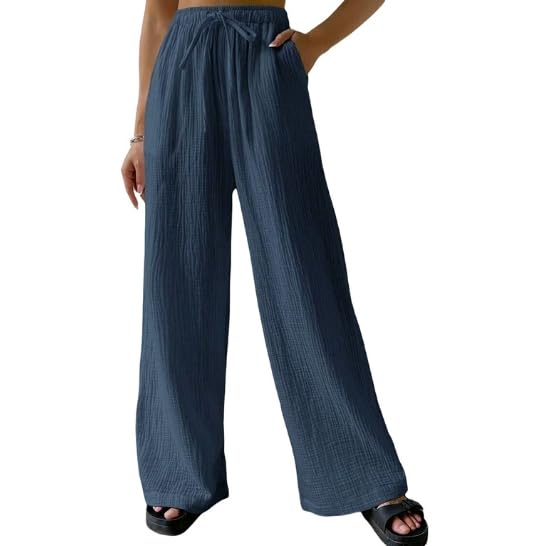 Cotton Linen Wrinkle Fashion Womens Versatile Loose Home Casual Solid Color Wide Leg Women