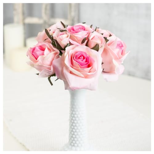 Factory Direct Craft Soft Pink Artificial Silk Flower Nosegay Rose Bunch Bouquet - Faux Roses Stems for Floral Arrangement (12 Inches High)