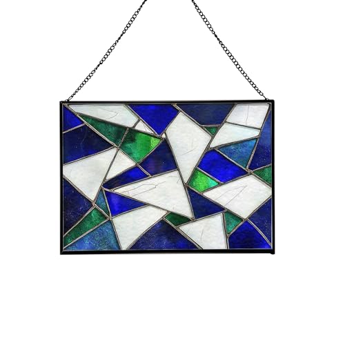 Handmade Mission Tiffany Style Window Panel, 13x9.5 Inch Hanging Stained Glass Suncatcher, Decorative Home Accent with Metal Chain 88OR7
