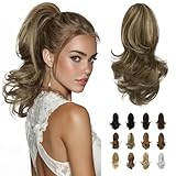 Sofeiyan 33cm Pferdeschwanzverlängerung Langer lockiger Pferdeschwanz Clip in Klaue Haarverlängerung Natürlich aussehendes synthetisches Haarteil für Frauen, Bleachblonde Hervorgehobene Aschebraun