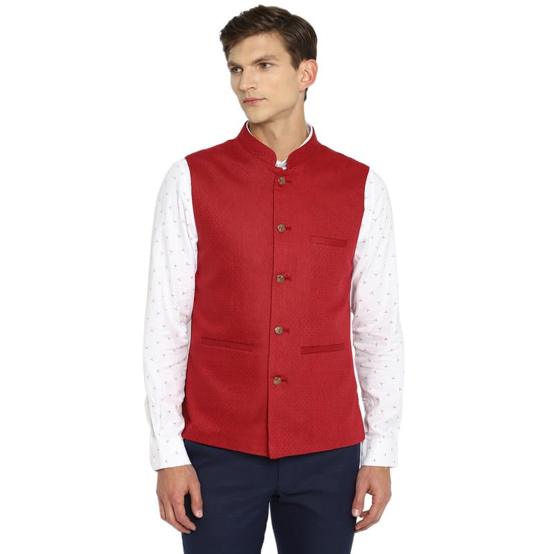 Men Poly-Cotton Red Self Design Slim Fit Formal Nehru Jacket-image-36