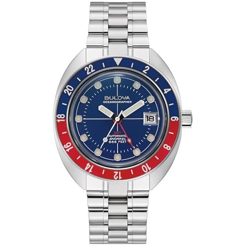 Bulova Men's Oceanographer Snorkel GMT Stainless Steel Watch, Blue and Red Bidirectional Rotating Bezel, Bezel, Blue Dial Style:96B405