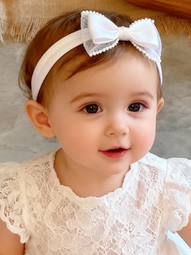 ICKEYOU Baby Girls Headband White Bow Lace Headbands Soft Elastic Bowknot Hairbands Cute Hair Accessory for Newborn Kids Infant Toddler Baptism Birthday Party (White Bow)
