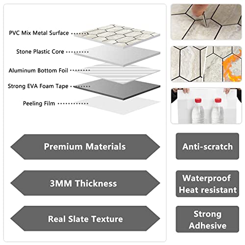 Vamos Tile Long Hexagon Peel And Stick Backsplash Tile - 10 Sheets Stick On Backsplash For Kitchen And Bathroom 12.4 X 12 Inch Beige Slate Look Pvc Mixed Metal Silver Self Adhesive Mosaic Wall Tiles #TOP2