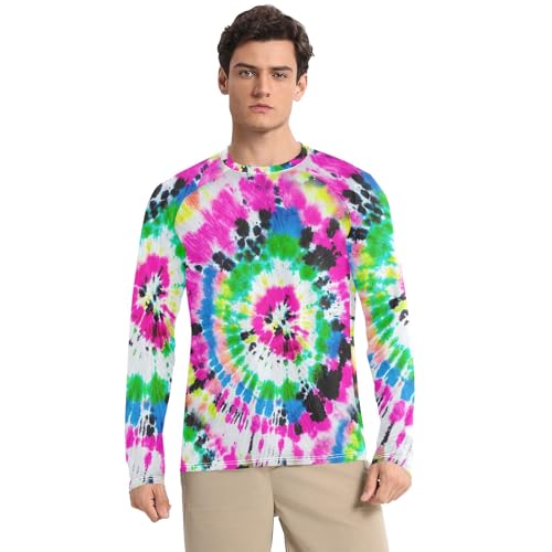 Colorful Tie Dye Men Rash Guard UV Protection UPF 50+ Sun Shirts Long Sleeve Quick Dry Swim Shirts, Small