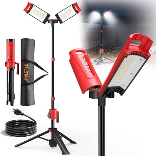 SYLSTAR Hybrid Powered LED Work Light with Tripod 12000 Lumens Corded & Rechargeable Battery Work Light 7.4ft Aluminum Telescopic Stand 3 Brightness Levels IP65 Dual Head Portable Job Site Light