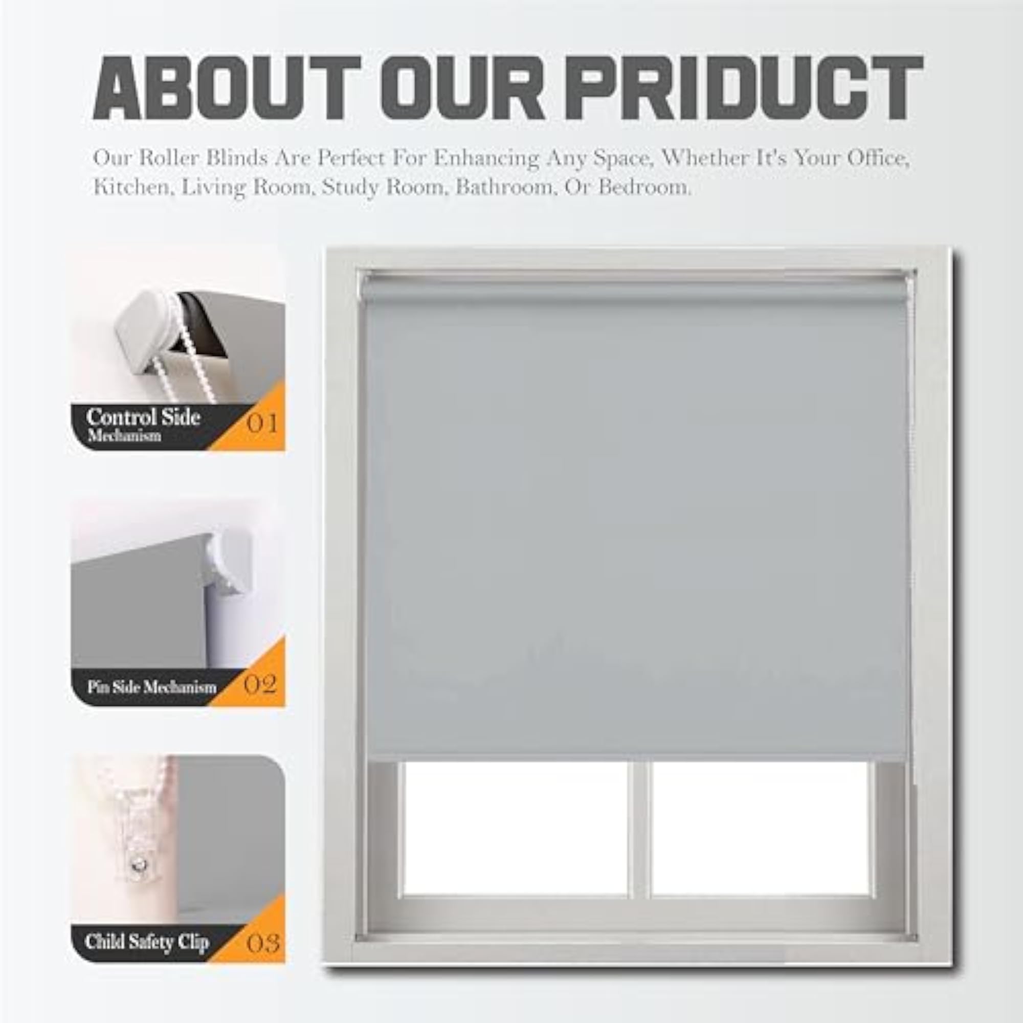 Roller Blinds Blackout Window Blind, Light Grey