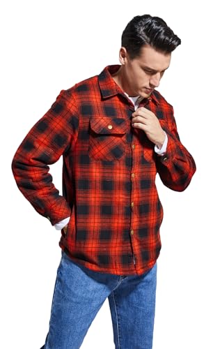 Image of Men's Sherpa Cotton Flannel Shirt Jacket Plaid Button Coat Pocket