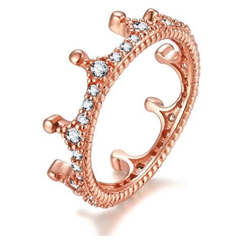 Presentski 925 Sterling Silver Rose Gold-Plated Princess Crown Cubic Zirconia Engagement Tiara Ring for Women Birthday Gift Cover