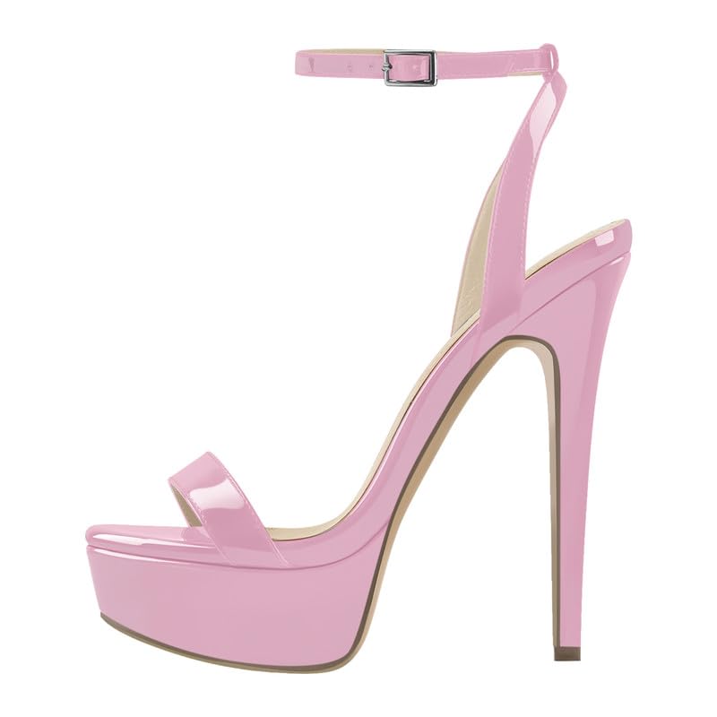 Only maker Riemchensandalen für Damen Runde Zehen Pfennigabsatz Plattform Sandaletten High Heels mit Knöchel Schnalle Metallic Optik Rosa 41 EU