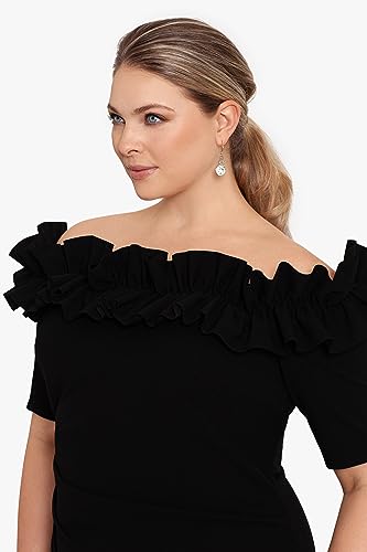 Image of Xscape Women's Knee-Length, Off-The-Shoulder, with Ruffled Neckline and Fitted Silhouette (Plus)