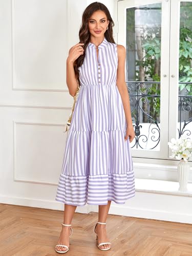 Image of BROVAVE Womens 2026 Summer Sleeveless Shirt Dress Collar Striped V Neck Casual Midi Dresses