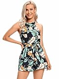 LYANER Women's Floral Print Halter Neck Tie Back Belt Sleeveless Romper Short Jumpsuit Green Medium
