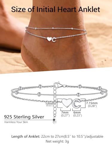 Image of PROSILVER Ankle Bracelets for Women S925 Sterling Silver Anklets for Women Waterproof, Dainty Layered Heart Anklet, Beach Initial Anklet for Summer, Letter A-Z