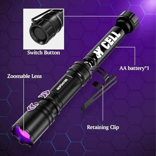 Gofimyee UV Taschenlampe Schwarzlichtlampe, 2 Stück Mini UV lampe mit Einstellbarem Fokus, 395nm Ultraviolett Lampe für Geocaching, Heimtierurindetektoren, Bernsteinsuche usw, Inklusive 2 AA Batterien