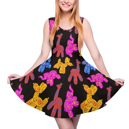 Colorful Dog Balloon Print Dress Womens Sleeveless Dresses Travel Mid Skirt Working Gowns Beach Frock Holiday Petticoat M