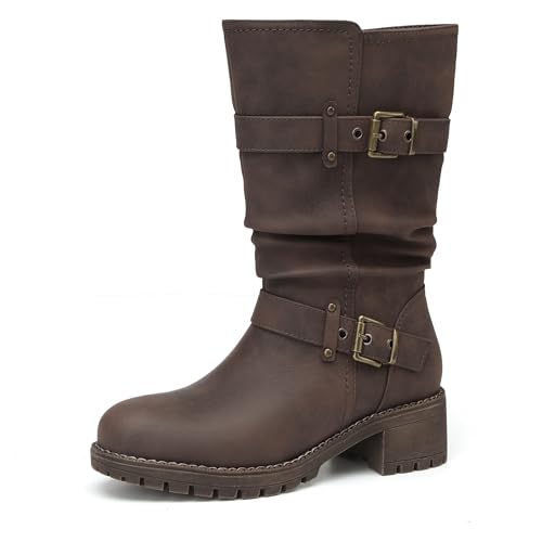 DECARSDZ Women's Mid-Calf Boots Fashion Classic Comfy Biker Motorcycle Riding Low Heel Dress Boot Shoes