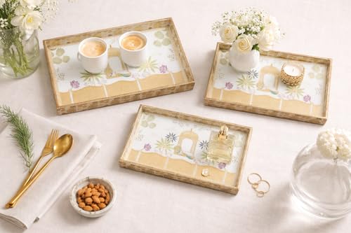 Image of Wooden Enamel Coated Serving Tray Set of 3 for Home Decor Multipurpose Rectangular Trays for Kitchen Living Room and Coffee Table with Printed Design (C-2)