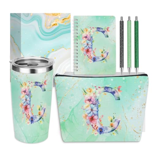 Personalized Gifts Monogrammed Birthday Gifts for Women, Cowerker Wife Sister Wedding Christmas Initial 20 oz Tumbler, Makeup Bag Cup Ballpoint Pens Journal Notebook 6 Set, (Aesthetic Green Flower C)