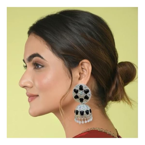 Women's Elegant Black Silver Polished Jhumka Traditional Kundan Chandbali Earrings Studded Drop Earrings for Women Classic Earrings Indian Jhumka 1 Pair - Image 5