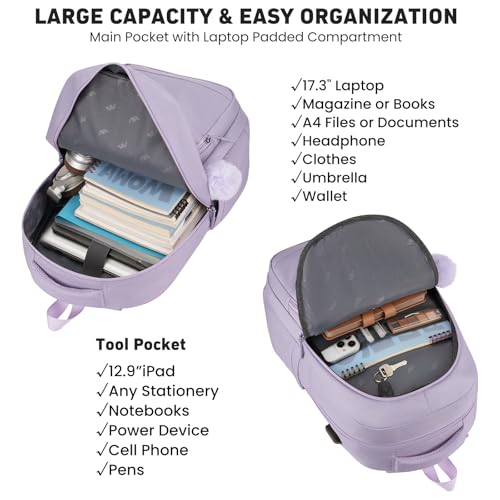 Image of YAMTION 17.3 Inch School Bag Laptop Backpack Teen for Girls Women, Aesthetic College Bookbag for Student,Purple
