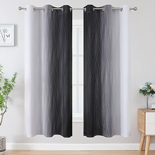 Estelar Textiler Full Room Darkening Blackout Curtains 72 Inch Length 2 Panels Set, Ombre Greyish White and Black Thermal Insulated Full Light Blocking Grommet Blackout Drapes for Bedroom, 42Wx72L