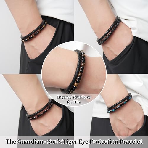 The Guardian - Son's Tiger Eye Protection Bracelet, Personalized Leather Black Beaded Bracelet with Engarved Name, Handmade Cuff Bracelets Men's Birthday Weave Gift Jewelry2