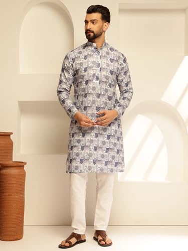 Image of SOJANYA (Since 1958 Men's Cotton Linen Geometric Print Long Kurta