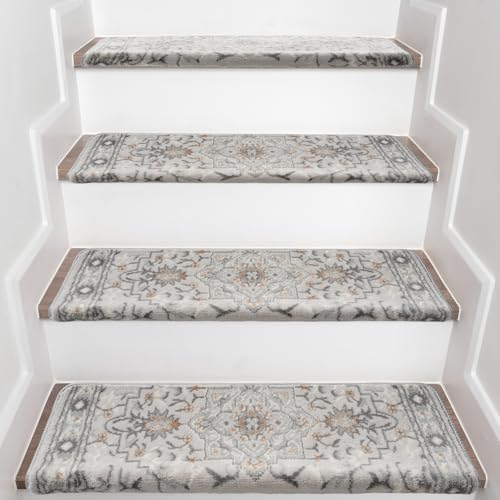 YEERSWAG Bullnose Stair Treads for Wooden Steps 14 Pack 30x9.5 Non Slip Carpet Stair Treads Peel and Stick Stair Carpet with Nosing Indoor Stair Treads for Wood Stairs Grey Persian