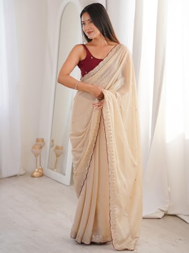 Image of AKHILAM Women's Shimmer Off White Georgette Sequence Embroidery Saree With Unstitched Blouse Piece