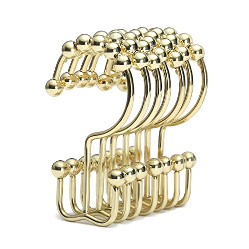 Goowin Shower Curtain Hooks Rings, Stainless Steel Gold Shower Curtain Hooks Rust Proof, Free Sliding Double Shower Hooks for Shower Curtains & Liners (Gold)