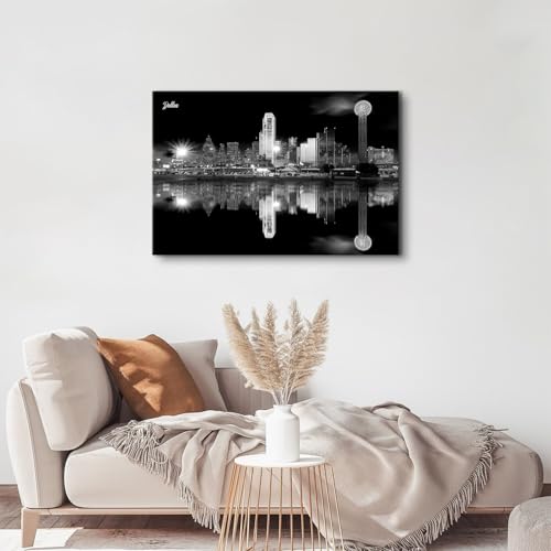Image of Dallas City Landscape Canvas Wall Art Nature Texas Skyline Wall Decor Night View Pictures for Living Room Black and White Paintings Poster Modern Cityscape Landmarks Photography Prints Artwork 24x36 inch