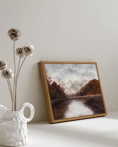 Image of KISSFOX Framed Wall Art Vintage Wall Art Autumn Lake Scenery Canvas Art Forest Pictures Moody Paintings Fall Artwork Farmhouse Prints For Bedroom Kitchen Living Room