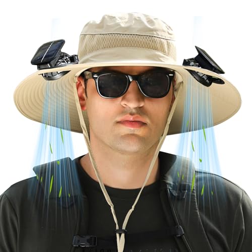 Adofect Solar Fan Hat with 2 Fans for Fathers Day Men, UPF 50+ Solar Powered Fan Hat for Hiking Gardening, Outdoor Fishing Hat, USB & Solar Charging, Khaki