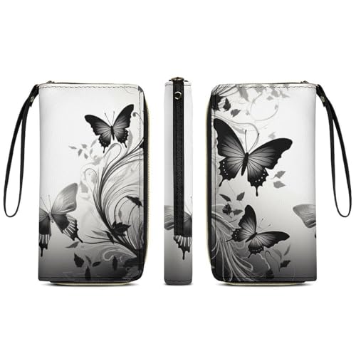 Black Gray Butterflies Wallets for Women Long Wristlet Leather Wallets with Zipper Holder Large Capacity Coin Pocket3