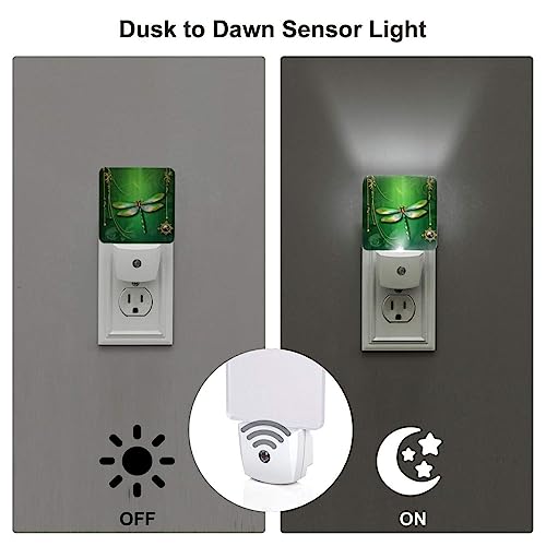 Image of Green Dragonfly Night Light Set of 2, Auto Sensor LED Dusk-to-Dawn Nightlights, Plug-in Sensor Lamp for Bedroom Bathroom Kitchen Hallway Stairs Decorative