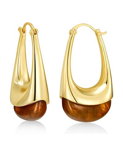 SNGIA Long Oval Chunky Dangle 18K gold plated Hoops with Colored Resin Gemstone Statement Earrings for Women by SNGIA, (Green, Brown, Blue, Pink, White, Cream), Bold Drop Handmade Exaggerated Irregular Trendy Bohemian Jewelry Gifts, Unique Dangling Teardrop Baroque Stone Summer Beach Fashion Earrings Accessories, Round Vintage Thick Circular Nickle Free Huggies Hoop Earrings. (Brown)