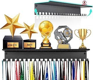 Metal Medal Hanger Display with Trophy Shelf, Wall Mount, 20 Hooks, Holds 22-33 lbs, for Gymnastics, Soccer, Swimming