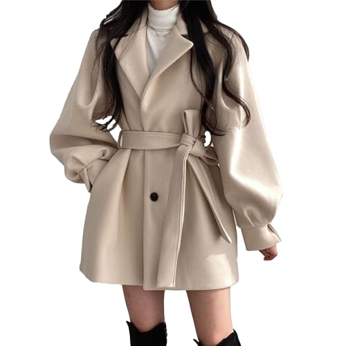 Image of Womens Belted Trench Coat Suit Collar Lantern Sleeve Winter Wool Coats Single Breasted Midi Peacoat Overcoat (Beige,Small)