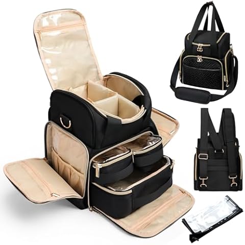 SIYNPAV Big Makeup Travel Bag Organizer with 4 Removable Pouches, Waterproof Nylon Cosmetic Case with Shoulder Strap, Extra Large Make Up Backpack for Brushes Storage (Black Woven Pattern) Cover