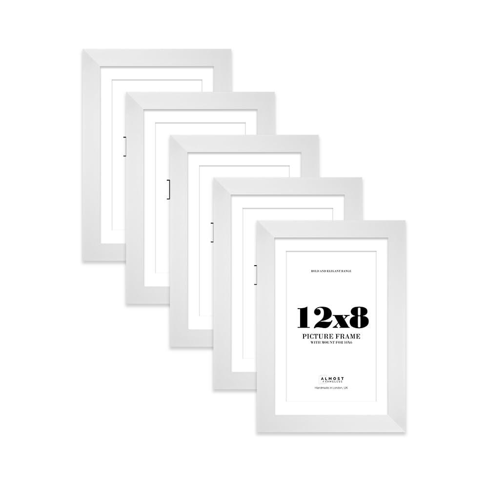 12x8 White Frame With Mount for 10x6 Pictures 28mm Edge Portrait and Landscape Display with Wall Hooks and Kickstand, 5 Pack