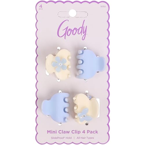 Goody SlideProof Mini Claw Clips, Stylish, Secure Grip Small Hair Clips, Styling Accessories for All Occasions and All Hair Types, Gifts for Women & Girls, 3D Flowers and Butterflies, 4 Ct