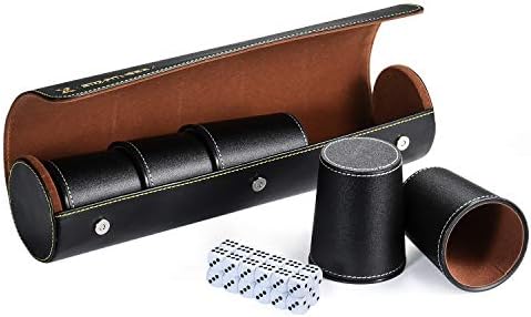 Leather Dice Cup Set, 5 Black Leather Dice Cups + 25 Dice + Exclusive Storage and Transport Case Made of Faux Leather with Magnetic Closure