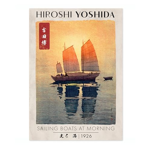 Arte de pared japonés Ukiyo-E y cuadro de barcos de vela en la mañana para decoración del hogar