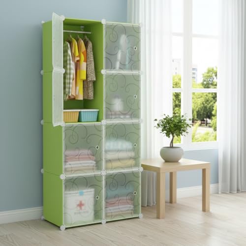 Image of KRISHYAM Kids Modular Storage Cabinet with anging Rail, 8 Cube Plastic Wardrobe Organizer, DIY Closet System with Hanging Rod, Toy & Clothes Storage (Green Plain, 8 Box)