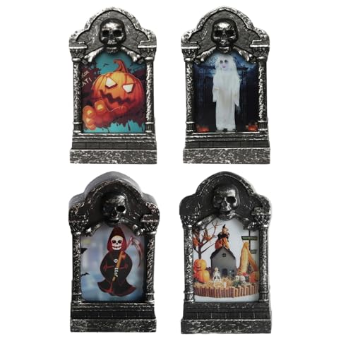 Lápidas para tumbas – Decoraciones de Halloween al aire libre | Juego de 4 luces LED lápidas con efecto intermitente de 7 colores, luces decorativas impermeables para patio, césped, jardín, puerta