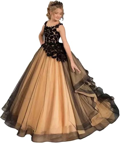 A Line Long Flower Girl Dress Puffy Tulle - First Communion Lace Applique Pageant Ball Gown Prom Dresses