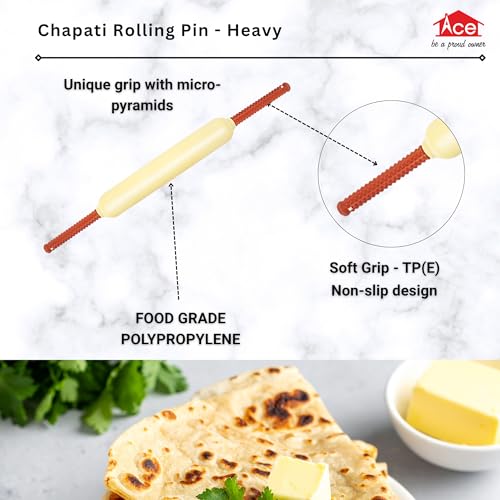 Image of Ace Heavy Chapati Rolling Pin - Food Grade Polypropylene Belan with Thermoplastic Elastomer Soft Grip Handle, Textured Non-Slip Pyramidal Grip for Roti & Flatbread Dough Rolling