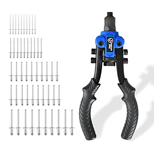 SMOTIVEPRO 10-Inch Professional Rivet Gun Kit 5-in-1 Heavy Duty Pop Rivet Tool with 5 Interchangeable Nosepieces and 50-Pieces Pop Rivets